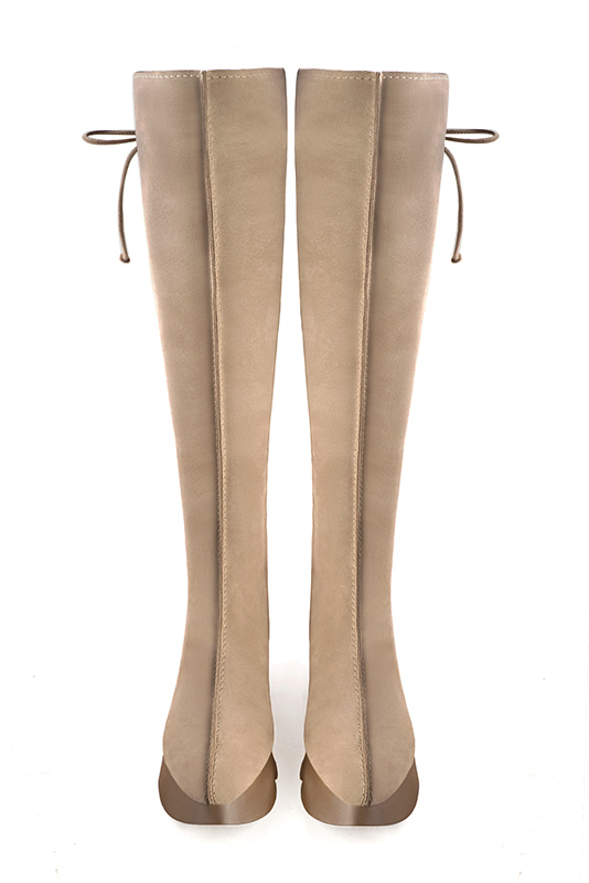 Biscuit beige women's knee-high boots, with laces at the back. Round toe. Low rubber soles. Made to measure. Top view - Florence KOOIJMAN